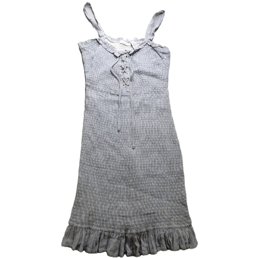 Sincerely Jules Women Blue White Striped Smocked Lace-Up Ruffle Hem Dress L Chic